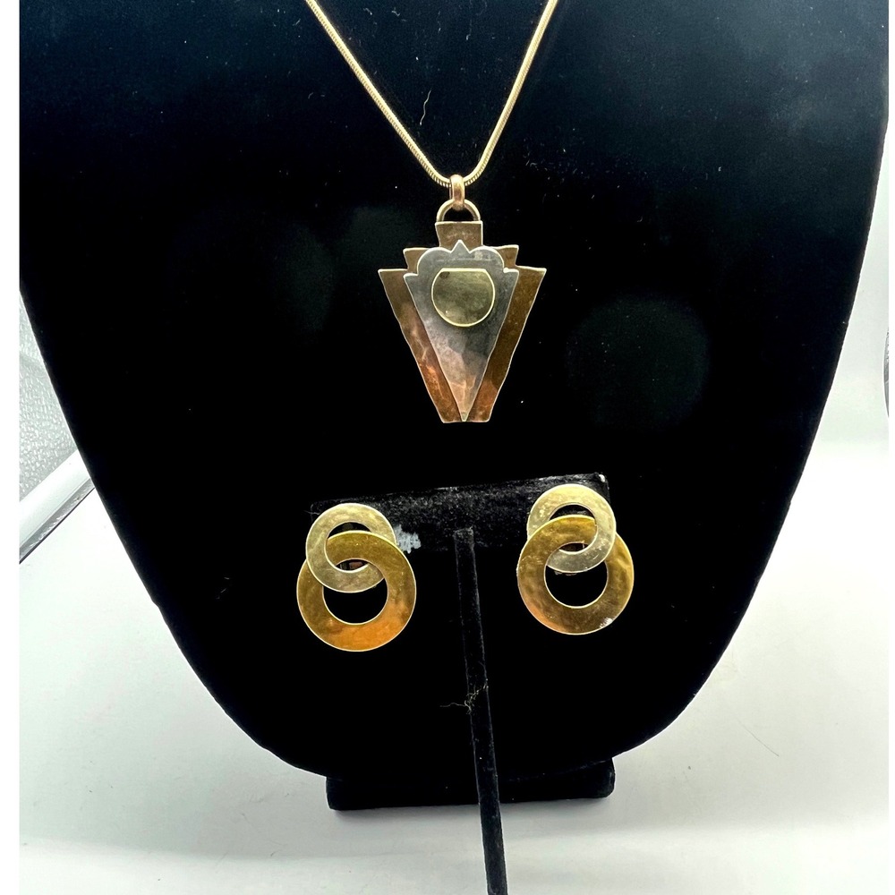 Vtg Baer SF Mix Metal Modernist Pendant Necklace /Clip On‎ Earrings set Hammered